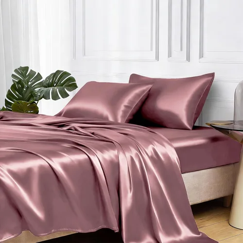 Miniatura 15 de MR&HM Sábanas de satén para cama de tamaño King, juego de 4 piezas de ropa de cama sedosa con bolsillo profundo de 15 pulgadas para colchón