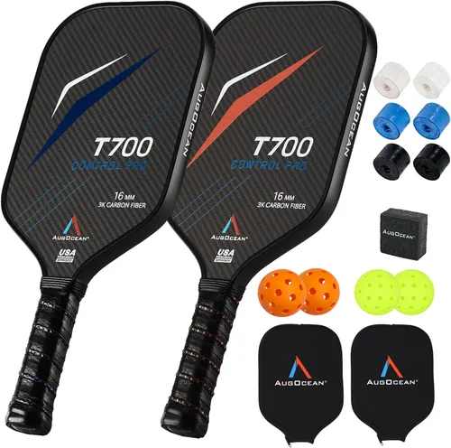 Miniatura 12 de Juego de 2 paletas de pickleball, juego de paletas de pickleball de carbono Pro, superficie de fibra de carbono 3K cruda con grano alto y giro
