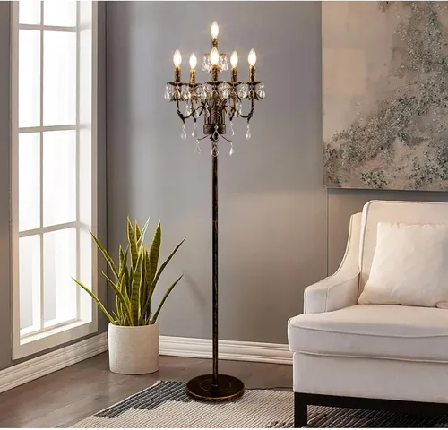 Miniatura 5 de Lámpara de pie de bronce Wellmet para esquina de sala de estar, lámpara de pie de granja de 6 luces, lámpara de pie alta de cristal con interruptor