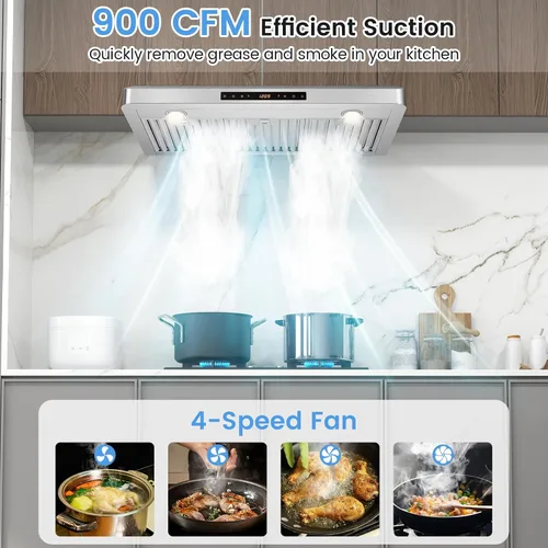 Miniatura 3 de SIMOE Campana extractora debajo del gabinete de 30 pulgadas, campana extractora con 900 CFM, luces LED ajustables, temporizador, 4 velocidades