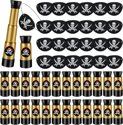 Miniatura 7 de Libima Juego de 24 accesorios para disfraz de pirata, parches de fieltro para los ojos y telescopios de plástico retráctiles para niños, recuerdos