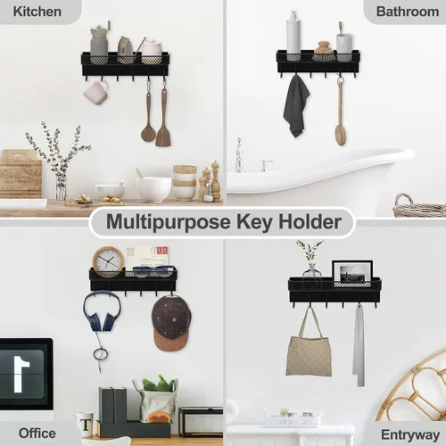 Miniatura 6 de Lwenki Soporte para llaves de pared – Colgador decorativo de acero inoxidable con 6 ganchos para sombreros, bolsos, correas – Organizador de correo