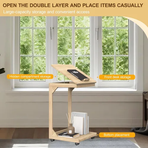 Miniatura 5 de Mesa de sofá en forma de C, mesa auxiliar con ruedas giratorias de 360°, escritorio inclinable ajustable de 40° para sofá, laptop, café, mesa C