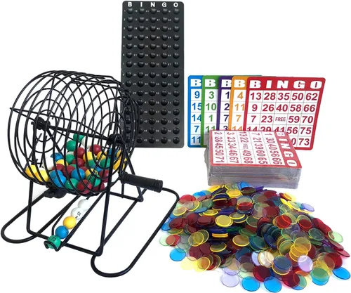 Yuanhe Juego de Bingo Deluxe - Incluye jaula de metal, 500 fichas de bingo coloridas, 100 tarjetas de bingo, 75 bolas de colores, tablero maestro de