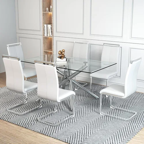 Miniatura 2 de Ebullient Juego de mesa de comedor de cristal de 63 pulgadas para 6 mesas de comedor modernas con parte superior de vidrio templado con 6 sillas