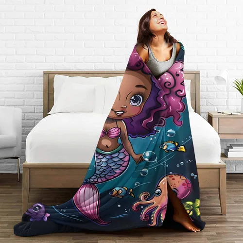 Miniatura 7 de Manta de Sirena de Niña Negra Decoración de Sirena Manta Decorativa Regalos para Niñas Niños Amantes de Sirenas Invierno Sofá Ropa de Cama Súper