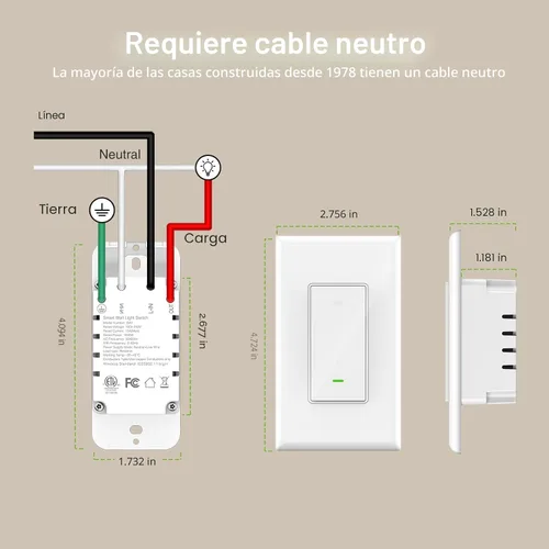 Miniatura 7 de Interruptores inteligentes GHome Smart para luces, interruptor de luz WiFi inteligente funciona con Alexa y Google Home, un solo polo, requiere