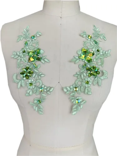 Miniatura 21 de Parches de tela de encaje fino bordados con diamantes de imitación bordados, decoración de vestido para coser en lentejuelas cuentas, accesorio