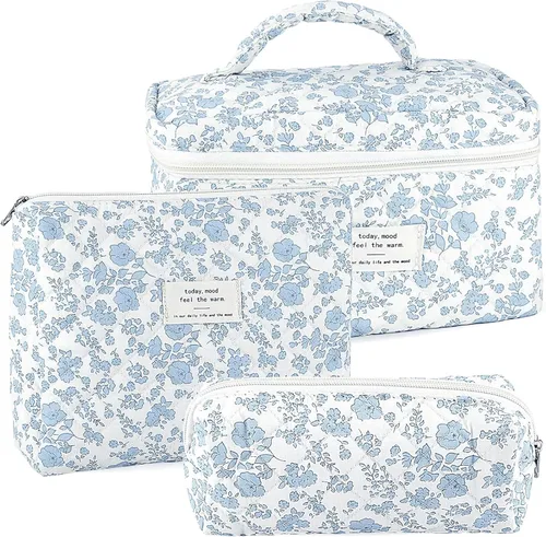 URSKYTOUS Juego de 3 Bolsas de Maquillaje Acolchadas, Set de Bolsas de Cosméticos con Lazo para Viaje, Bolsa Grande de Maquillaje para Mujeres,