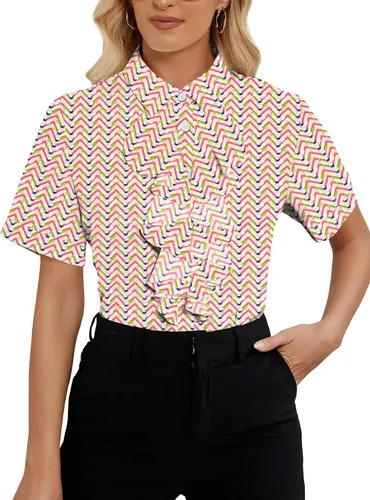 Miniatura 22 de Vrtige Women's Ruffle Front Collar Neck Button Down Short Sleeve Blouse Shirt Top