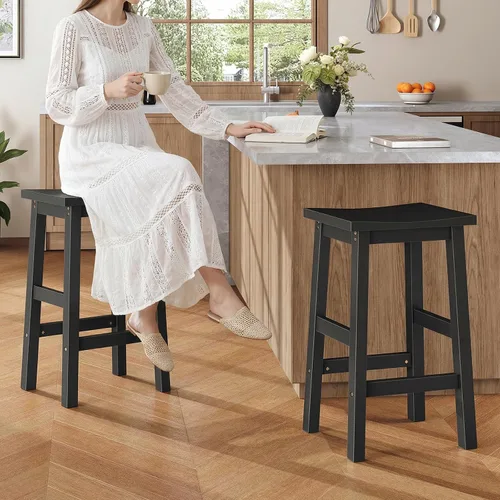 Miniatura 8 de HOOBRO Taburetes de bar, juego de 2 sillas de bar, taburetes de bar de altura de mostrador, taburetes de cocina de bambú, taburetes de silla de Negro