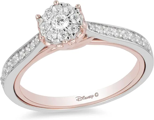 Jewelili Enchanted Disney Fine Jewelry Anillo de compromiso de oro blanco de 10 quilates y oro rosa de 1/3 Cttw Belle Composite Rose Tamaño