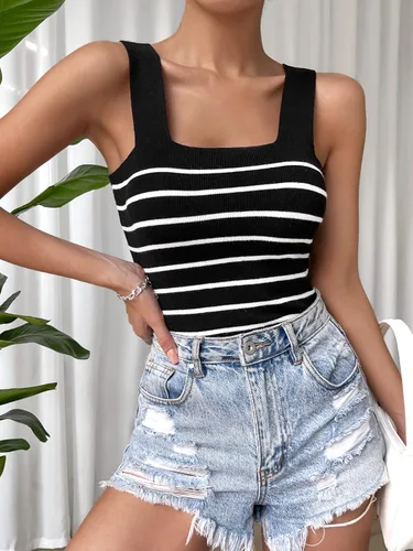 Miniatura 4 de SOLY HUX Women's Square Neck Tank Top Basic Ribbed Knit Cami Casual Sleeveless Slim Fit Tops Black Striped M