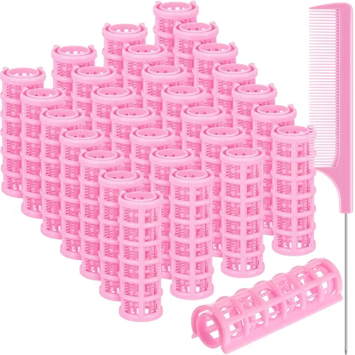 Syhood 28 rodillos para el cabello, rodillos de plástico de tamaño pequeño de 0.6 pulgadas/0.6 in con peine de acero para cabello corto y largo, Rosa