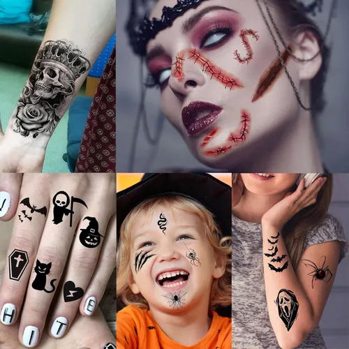Miniatura 5 de TASROI Más de 236 piezas de 45 hojas de tatuajes temporales de Halloween para niños, kits de maquillaje zombi 3D, murciélagos, telaraña, bruja