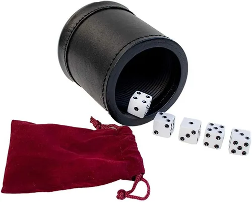 Alex Cramer Golden Gate - Juego de 5 dados blancos, bolsa con cordón y juegos de libro de dados (dados de mentiroso) incluidos, taza de dados de