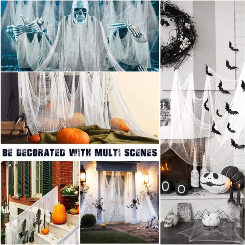 Miniatura 6 de Whaline Tela espeluznante blanca de Halloween de 197 x 87 pulgadas, ropa de gasa espeluznante, decoración de Halloween para casas embrujadas