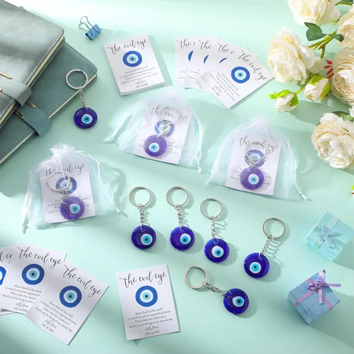 Miniatura 5 de Ferreve Juego de 25 regalos de boda para invitados, llavero azul de ojo malvado para buena suerte, tarjetas de deseos de boda, bolsas de organza