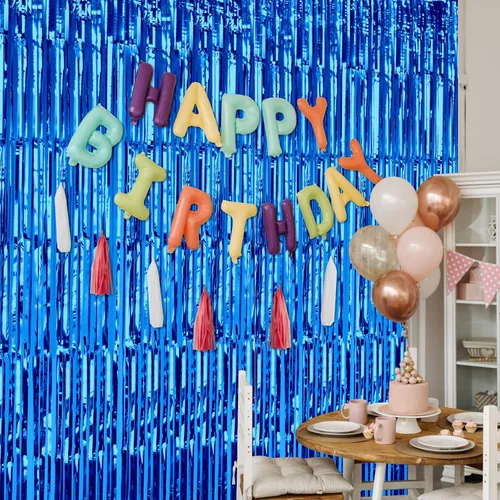 Miniatura 2 de Emart Paquete de 2 cortinas de fondo de flecos de papel de aluminio azul marino, 3.2 pies x 9.8 pies, cortina de oropel para decoración de fiestas
