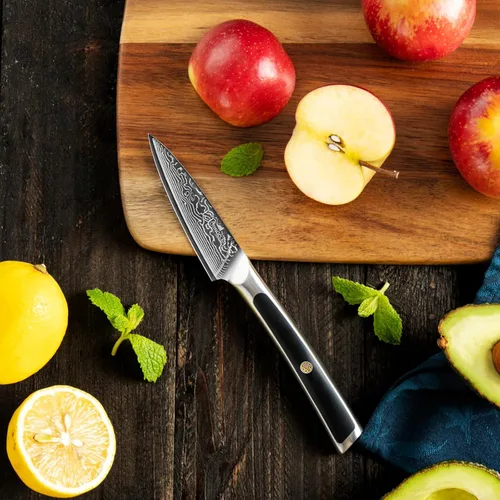 Miniatura 4 de Sunnecko Cuchillo de pelar de 3.5 pulgadas, cuchillo para frutas con hoja de acero damasquino VG-10 de 67 capas, cuchillo pequeño para pelar