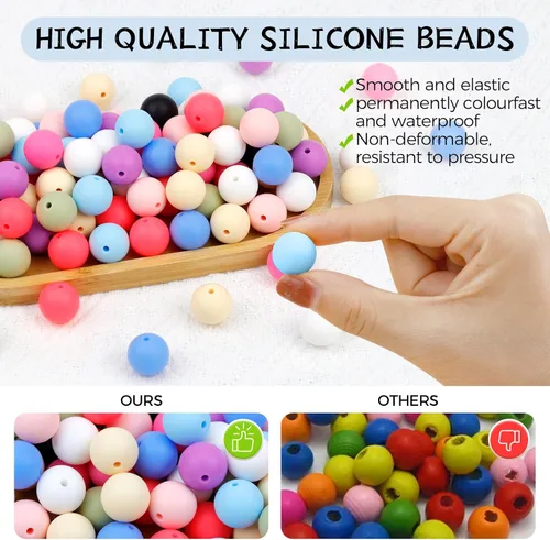 Miniatura 3 de 120 piezas FIVEIZERO abalorios de silicona, 15 mm abalorios de goma redondos blancos a granel para hacer llaveros, pulseras, collares, manualidades