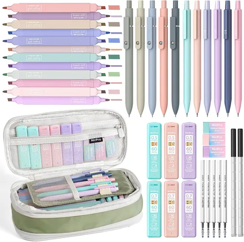 Miniatura 8 de Nicpro Juego de 50 artículos escolares con estuche para lápices, 6 bolígrafos de gel y recargas, 12 resaltadores, 6 lápices mecánicos artísticos, 12