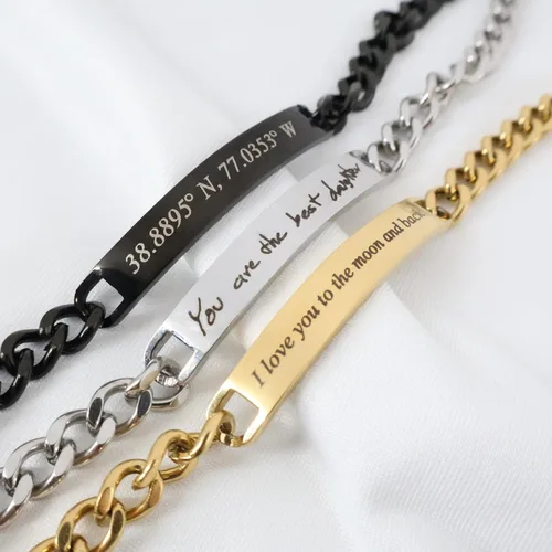 Miniatura 2 de Pulsera Grabada Personalizada con Escritura a Mano Personalizada o Texto Mecanografiado Pulsera de Cadena Bordillo de Acero Inoxidable en Acabado