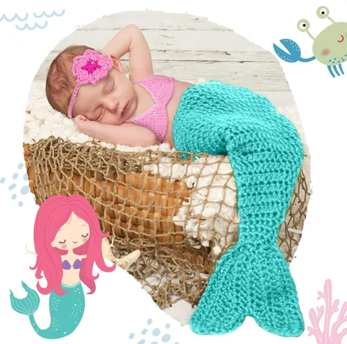 Miniatura 5 de Janmercy Trajes de fotografía para niña recién nacida, accesorios para fotos de bebé, traje de ganchillo hecho a mano, lindo disfraz de foto (sirena)
