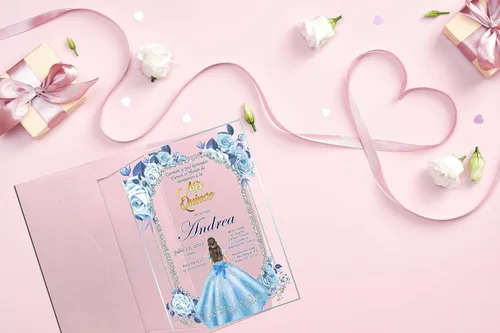 Miniatura 4 de Avior Invitación de Quinceañera Vestido Azul Bebé Invitación de Vidrio Acrílico, Mis Membrillo, Dulce 15, Dulce 16, Diseño Floral, XV Años, 15 años