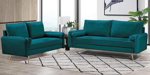 Miniatura 5 de Container Furniture Direct Juego de sofá de terciopelo inspirado en Chesterfield de 2 piezas con patas oblicuas de metal dorado, azul verdoso