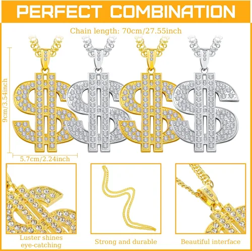 Miniatura 2 de Collar de cadena chapada en 4 piezas para hombre con colgante de signo de dólar, collar de dólar
