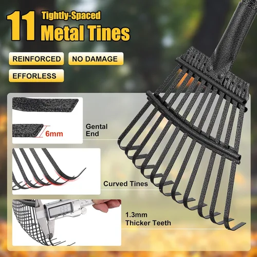 Miniatura 4 de Rastrillo para hojas: rastrillo de jardín de metal pequeño, 8.5 pulgadas de ancho, 11 púas de metal, rastrillos de hojas para niños ligeros