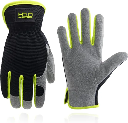 Miniatura 28 de HANDLANDY Guantes de jardinería de cuero para hombre, guantes de trabajo utilitarios para mecánicos, construcción, conductor 3 pares amarillo