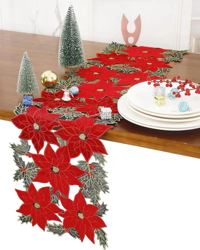 Miniatura 7 de GRANDDECO Camino de mesa navideño para fiestas campestres, bufandas para cómoda bordadas con flores de Pascua navideñas, Navidad, hogar, cocina