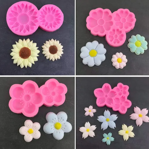 Miniatura 4 de Cestony 4 moldes de silicona con diseño de flores de ciruelo, cerezos y crisantemos para hacer manualidades, pasteles, fondant, galletas, jabón