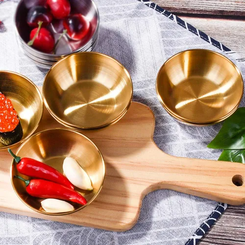 Miniatura 6 de Juego de 6 platos de salsa de soja de acero inoxidable, cuencos redondos dorados para sushi, albóndigas y olla caliente, platos de condimentos