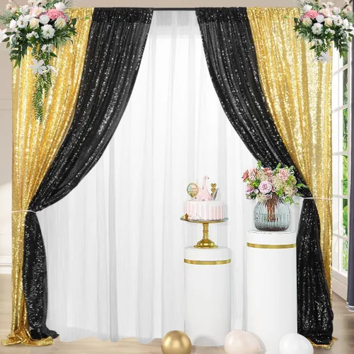 Miniatura 4 de 4 paneles de cortina de lentejuelas negras y doradas de 2 x 8 pies, cortinas de fondo de lentejuelas con purpurina para decoración de fiesta