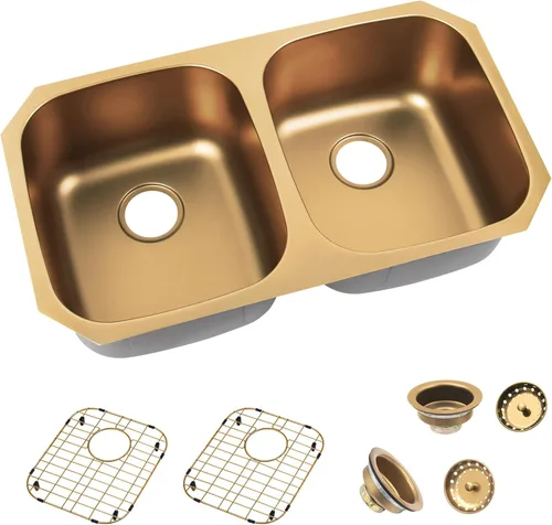 LQS Fregadero de cocina dorado de 32 x 18 pulgadas, fregaderos de cocina empotrados, fregaderos de acero inoxidable de doble tazón 50/50 con