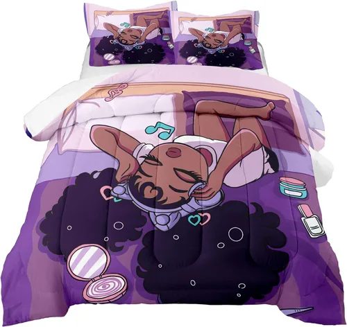 Juego de edredón de niña negra afroamericana, tamaño individual, edredón mágico para niñas negras para decoración de dormitorio Kawaii, juego de