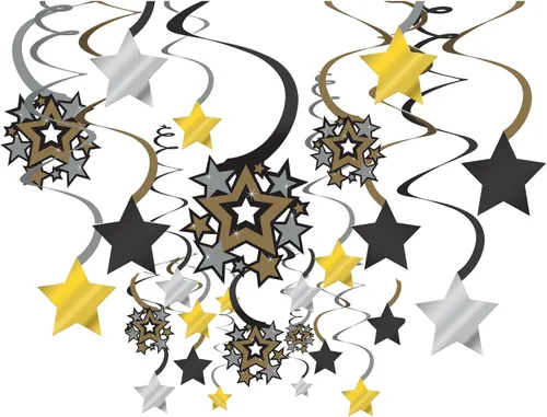 Decoraciones colgantes multicolor de papel de aluminio Hollywood (paquete de 30) – Estrellas brillantes y glamorosas – Perfecto para noches de cine,