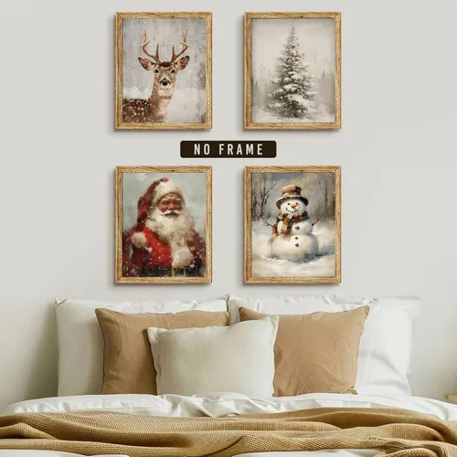 Miniatura 5 de LKETW Póster vintage de impresiones navideñas de invierno sin marco, juego de 4 unidades de 8x10 pulgadas, decoración de pared rústica de Papá Noel