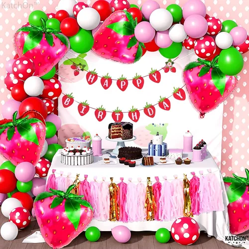 Miniatura 5 de KatchOn, Cortina de flecos iridiscentes color rosa XtraLarge – Paquete de 13 Serpentinas iridiscentes, globos de fresa Globos de fresa