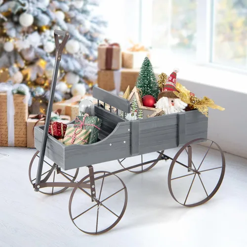 Miniatura 9 de Giantex Maceta decorativa para jardín, carrito pequeño con ruedas de metal, camas elevadas de madera, soporte para macetas para patio trasero, Gris