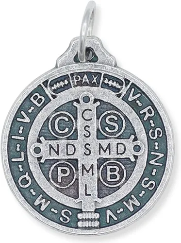 Miniatura 6 de Caritas et Fides Paquete de 10 colgantes de medalla de San Benito 34 pulgadas redondas de plata oxidadas de San Benito para collar medallas