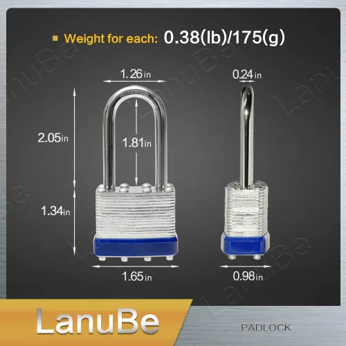 Miniatura 2 de LanuBe Candado laminado de 1-9/16 pulgadas (1.575 in) de largo grillete paquete de 2 llaves iguales, aro de plástico azul, cerraduras a granel