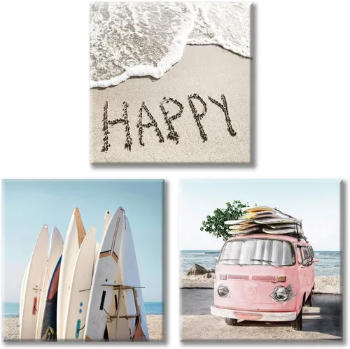 Cuadro de lienzo costal para pared, tablas de surf y coche rosa sobre arena, lienzo para sala de estar (12 x 12 pulgadas x 3 paneles)