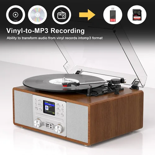 Miniatura 3 de 10 in 1 Record Player Multimedia with Speakers, CD Player, Bluetooth Receiver, Internet Radio, USB Recording, 3-Speed Turntable, Alarm Clock, Sleep