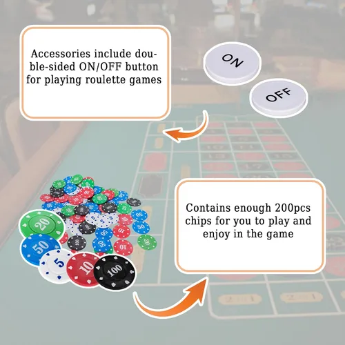 Miniatura 4 de WodGod Juego de Ruleta y Craps con Fieltro Grande de Doble Cara, Rueda de Ruleta de 10 Pulgadas, Rastrillo para Fichas, 200 Fichas, Marcador