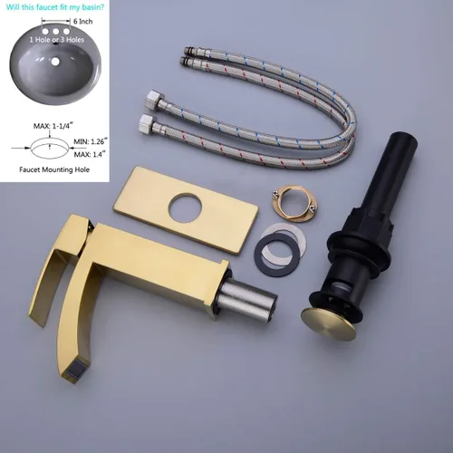 Miniatura 6 de TRUSTMI Grifo de baño de un solo orificio de latón cuadrado de cascada con placa de cubierta de 6 pulgadas y drenaje de desbordamiento, oro cepillado