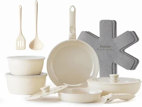 Redchef - Juego de ollas y sartenes de cerámica, juego de utensilios de cocina antiadherentes con mango desmontable, juego de utensilios de cocina